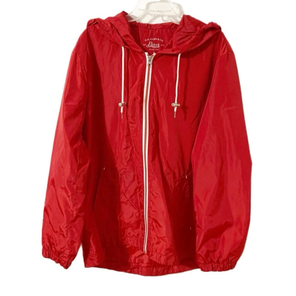 G. H. Bass Maine USA Fully Lined Zip Front Hood Windbreaker Jacket Red White❤️🤍